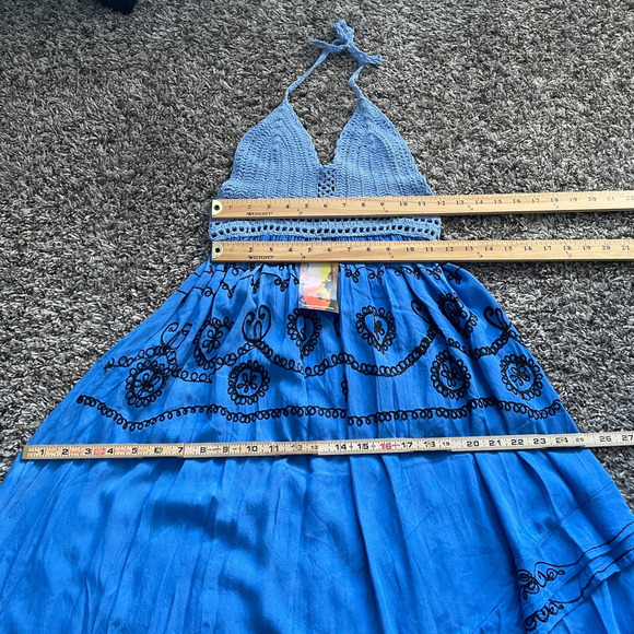 Boho Midi Dress Size Small Blue Embroidered Crochet Hi Low Beach Gypsy Festival - Picture 13 of 16